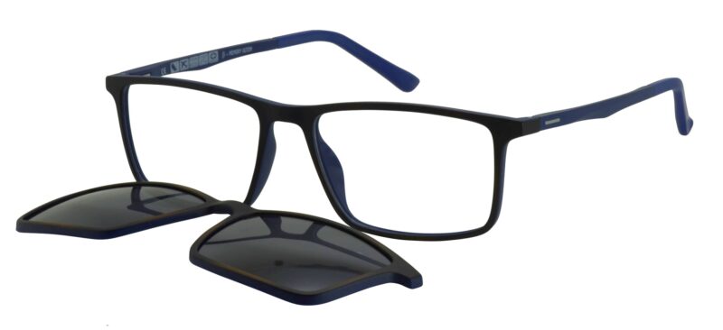 Men's matte brown frame with inner blue details, blue temples and black temple tips. Assorted color clip on with smoke grey polarized lenses.