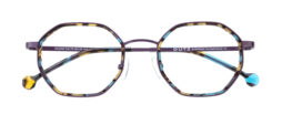 Multicolored acetate frame, with purple metallic temples and bridge. Matching color acetate temple tips