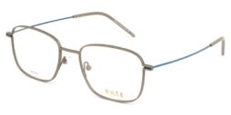 Man square silver grey titanium optical frame with blue color temples and grey acetate temple tips