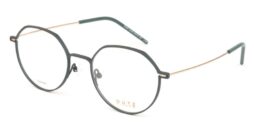 Unisex round petrol blue titanium optical frame with gold color temples and petrol blue acetate temple tips