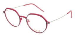Agular-round, pink combined with grey, titanium optical frame, with silver color temples and pink acetate temple tips.