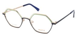 Feminine, blue-green-gold, metallic frame and temples with matching color acetate temple tips