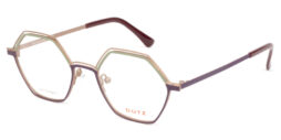 Feminine, tricolor, light brown-green-aubergine, metallic frame, aubergine temples and matching color acetate temple tips