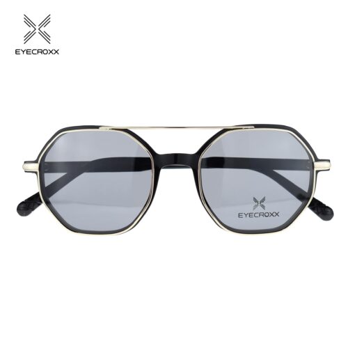 Unisex acetate black frame with crystal transparent acetate temples. Gold tone metallic clip on with smoke grey polarized lenses