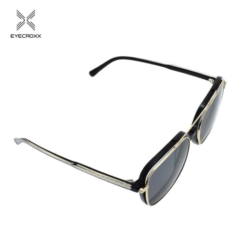 Unisex acetate black frame and temples. Gold tone metallic clip on with smoke grey polarized lenses