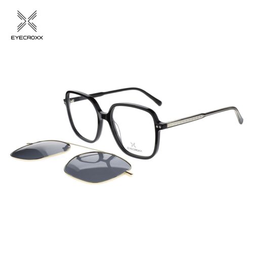 Acetate black frame with transparent acetate temples. Gold tone metallic clip on with smoke grey polarized lenses