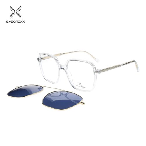 Unisex acetate crystal grey frame with assorted color transparent acetate temples. Gold tone metallic clip on with blue polarized lenses