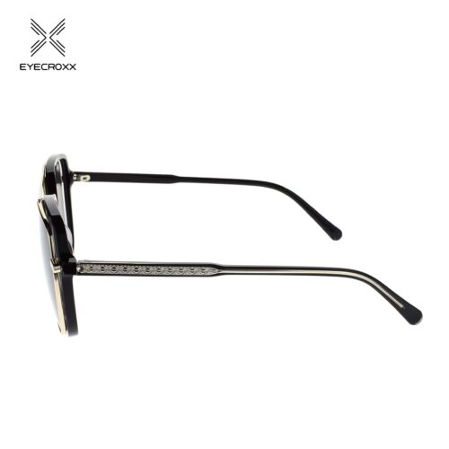 Unisex acetate black frame and temples. Gold tone metallic clip on with smoke grey polarized lenses