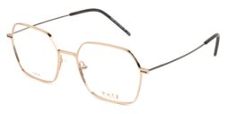 Lady's, hexagonal, titanium optical frame in shiny rose gold tone with contrast gun toned temples
