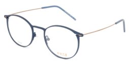 Unisex, round, blue titanium optical frame with gold toned temples and blue acetate temple tips
