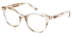Elegant, transparent acetate frame, with beige ostrich feather pattern and matching color acetate temples
