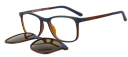 Mat dark blue frame and temples with inner brown details. Assorted blue-brown color clip on with brown mirror polarized lenses.