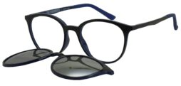 Shiny black frame and temples with blue color inner details and blue temple tips