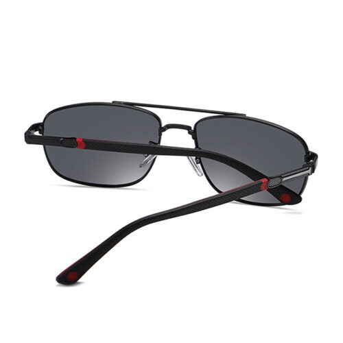 Men's, black, metallic frame with red discreet details on the temples and smoke color polarized lenses