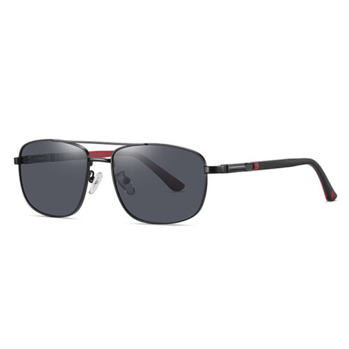 Men's, black, metallic frame with red discreet details on the temples and smoke color polarized lenses