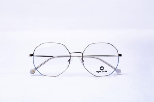 Lady's, silver metallic frame, enhanced with a light blue detail, and temples with transparent temple tips