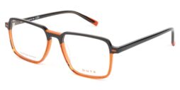 Bi-color, grey combined with orange colored, acetate frame and matching color temples