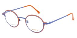Unisex, bi-color, blue combined with orange, metallic frame and temples.