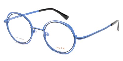 Ladies', bright blue metallic frame and temples with black color details and assorted color acetate temple tips