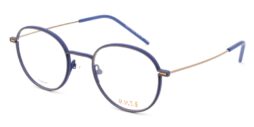 Unisex, round, blue-brown titanium optical frame with gold color temples and blue acetate temple tips