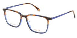 Bi-color, striped blue combined with havana, acetate frame, with blue metallic temples and matching color acetate temple tips