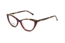 A vintage, female frame in wine red color combined with brown tartaruga and matching brown tartaruga temples