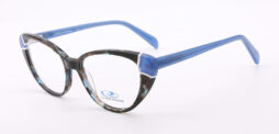 An elegant, blue based multicolor frame, with solid blue temples