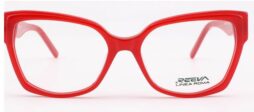 An oversized, impresive red frame, with matching color temples