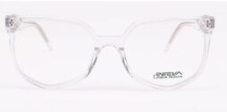 An oversized, feminine, crystal transparent frame, with matching color temples