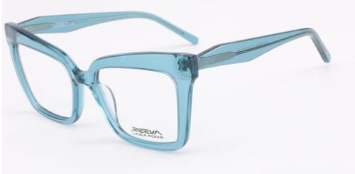 An oversized, feminine, crystal blue frame, with matching color temples