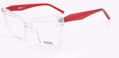 An oversized, feminine, crystal transparent frame, with contrast color red temples
