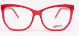 An oversized, feminine frame in shimmering red color, with matching color temples