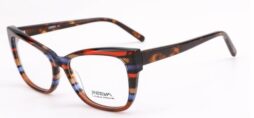 A feminine, red-brown multicolor frame, with matching color temples