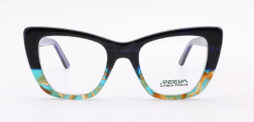 A feminine, bi-color, dark blue combined with aqua pattern, frame and matching color temples
