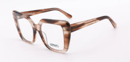 An oversized, feminine, brown frame, with matching color temples