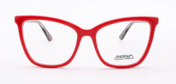 An elegant, shiny red frame, with black color temples