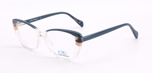 An elegant, crystal transparent frame combined with dark blue and matching color temples