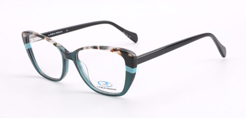 An elegant, petrol blue based multicolor frame, with matching color temples
