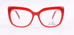An elegant, oversized frame in shiny red color and matching color temples