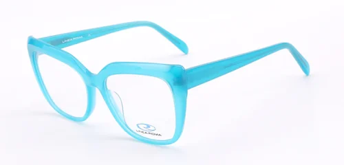 An elegant, oversized frame in aqua blue color and matching color temples
