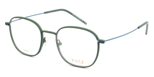 Square, bi-color, green combined with grey titanium frame, with aqua color temples and green acetate temple tips