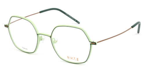 Female, geometrical, green-mint titanium, optical frame with bronze temples and green acetate temple tips