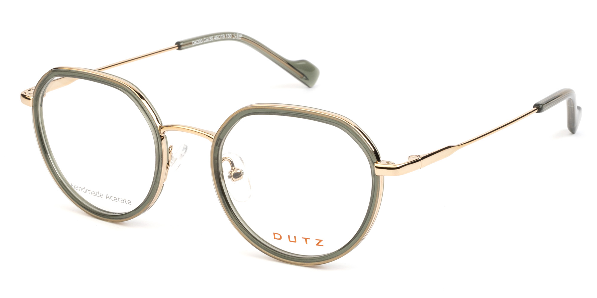 Gold tone metallic frame and temples, combined with green color acetate and matching color acetate temple tips