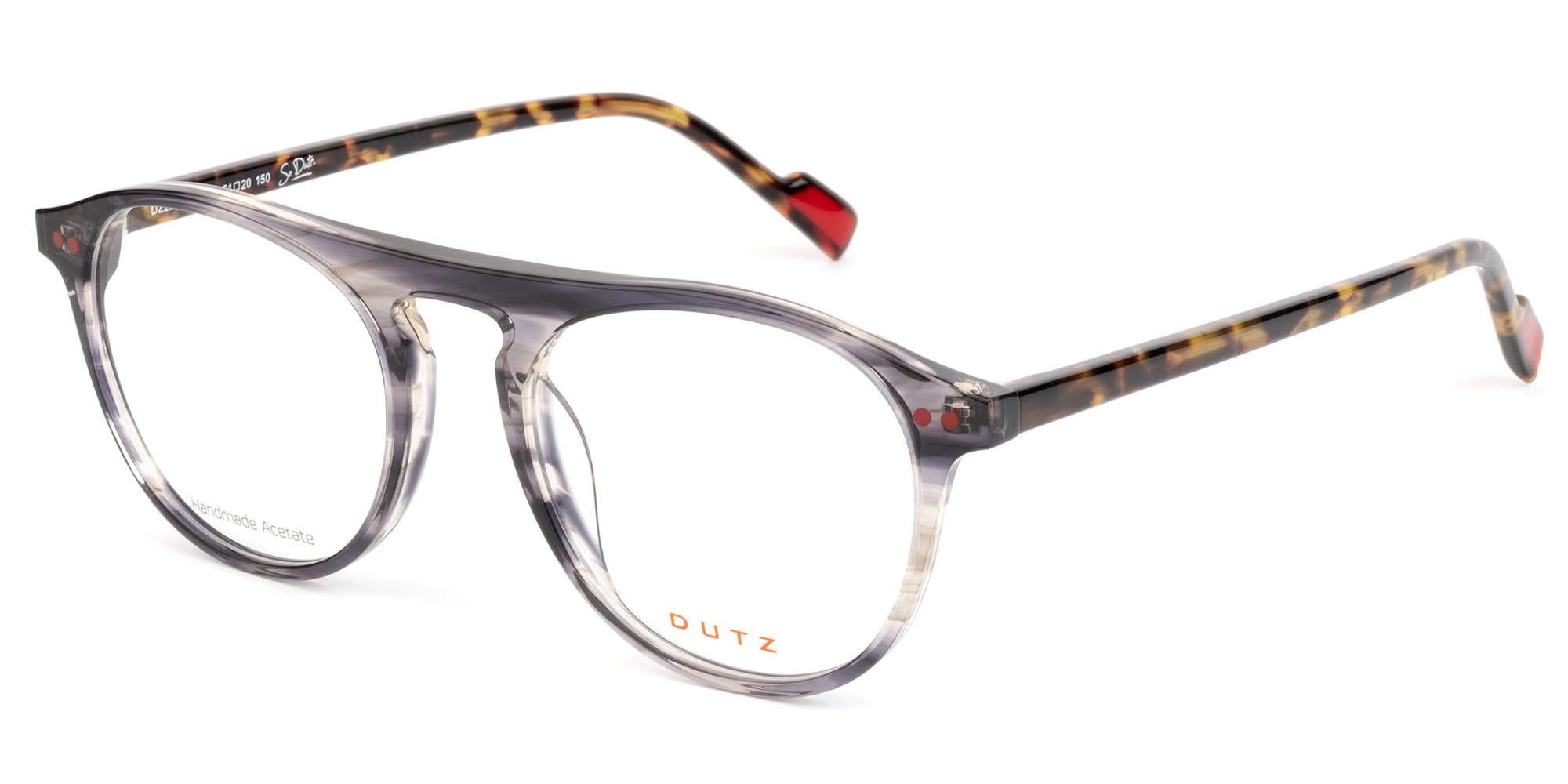 Bi-color, grey combined with discreet red, acetate frame and brown tartaruga temples