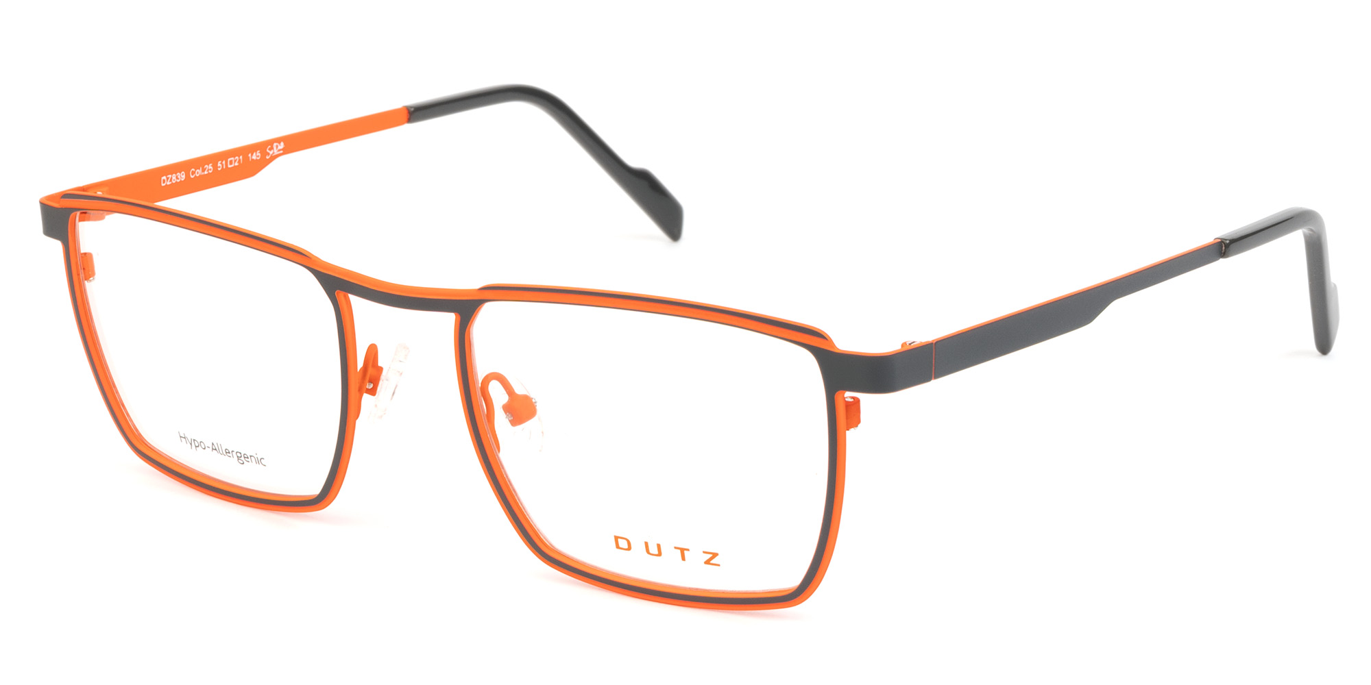 Men's, rectangular, bicolor, dark grey combined with orange, metallic frame and temples, with assorted color acetate temple tips