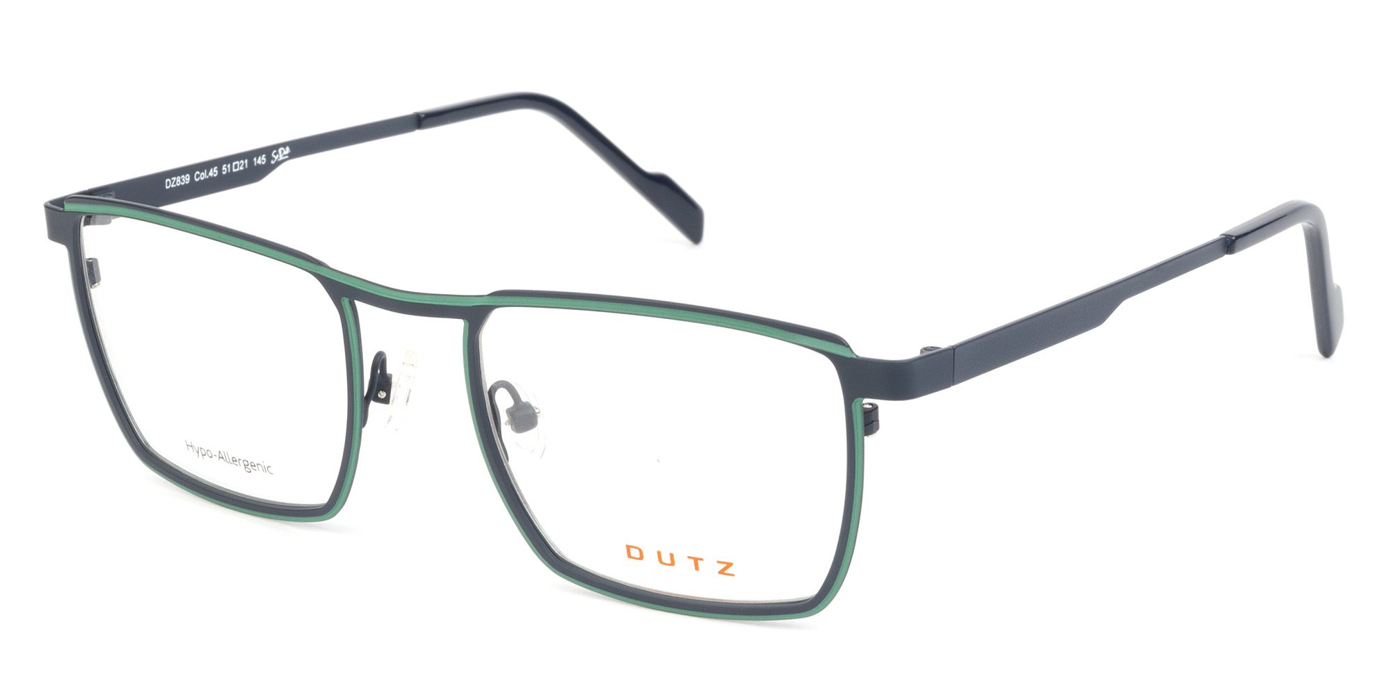 Men's, rectangular, bicolor, dark blue combined with green, metallic frame and temples, with assorted color acetate temple tips