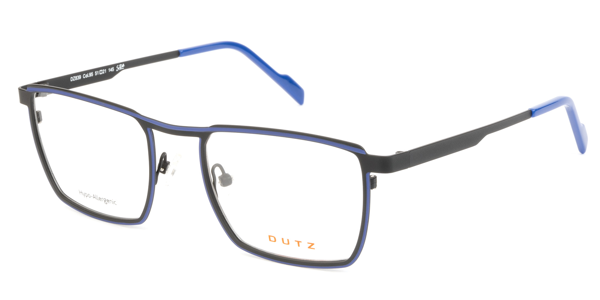 Men's, rectangular, bicolor, black combined with blue, metallic frame and temples, with assorted color acetate temple tips