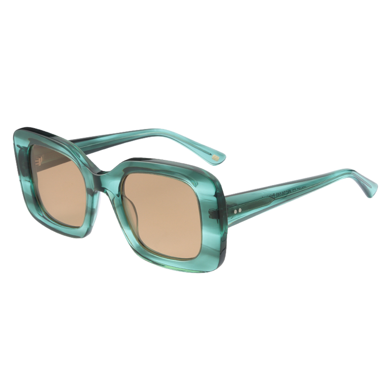 Striped green, acetate, bold frame and temples, with light brown polarized lenses, for 100% UV protection