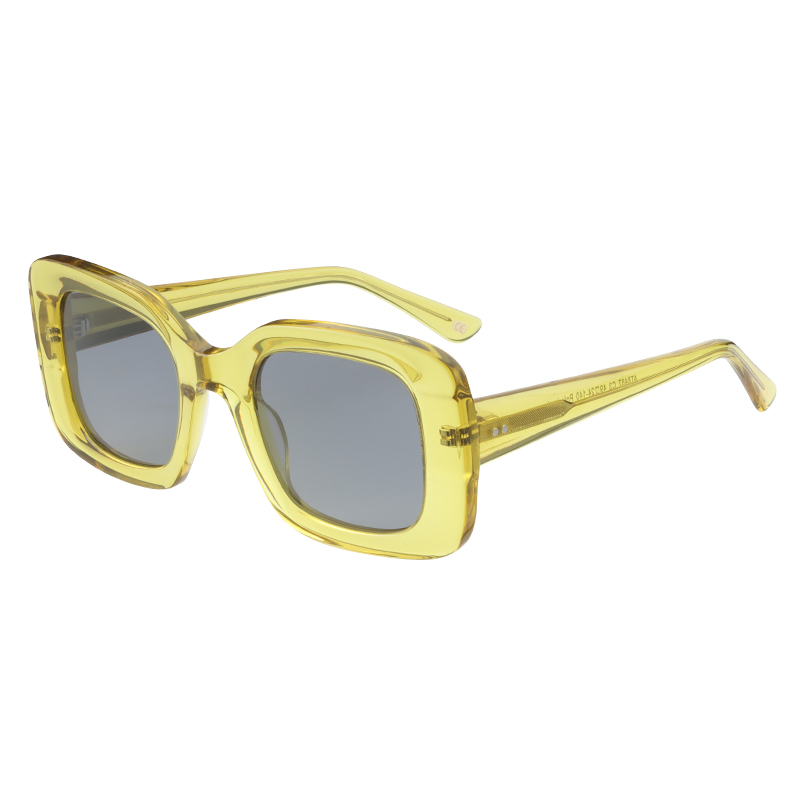 Transparent yellow, acetate, bold frame and temples, with light smoke polarized lenses, for 100% UV protection