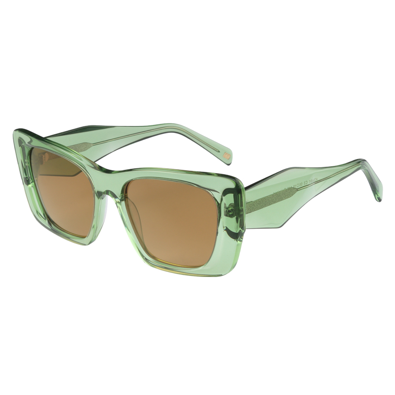 Transparent green, acetate, bold frame and temples, with light brown polarized lenses, for 100% UV protection